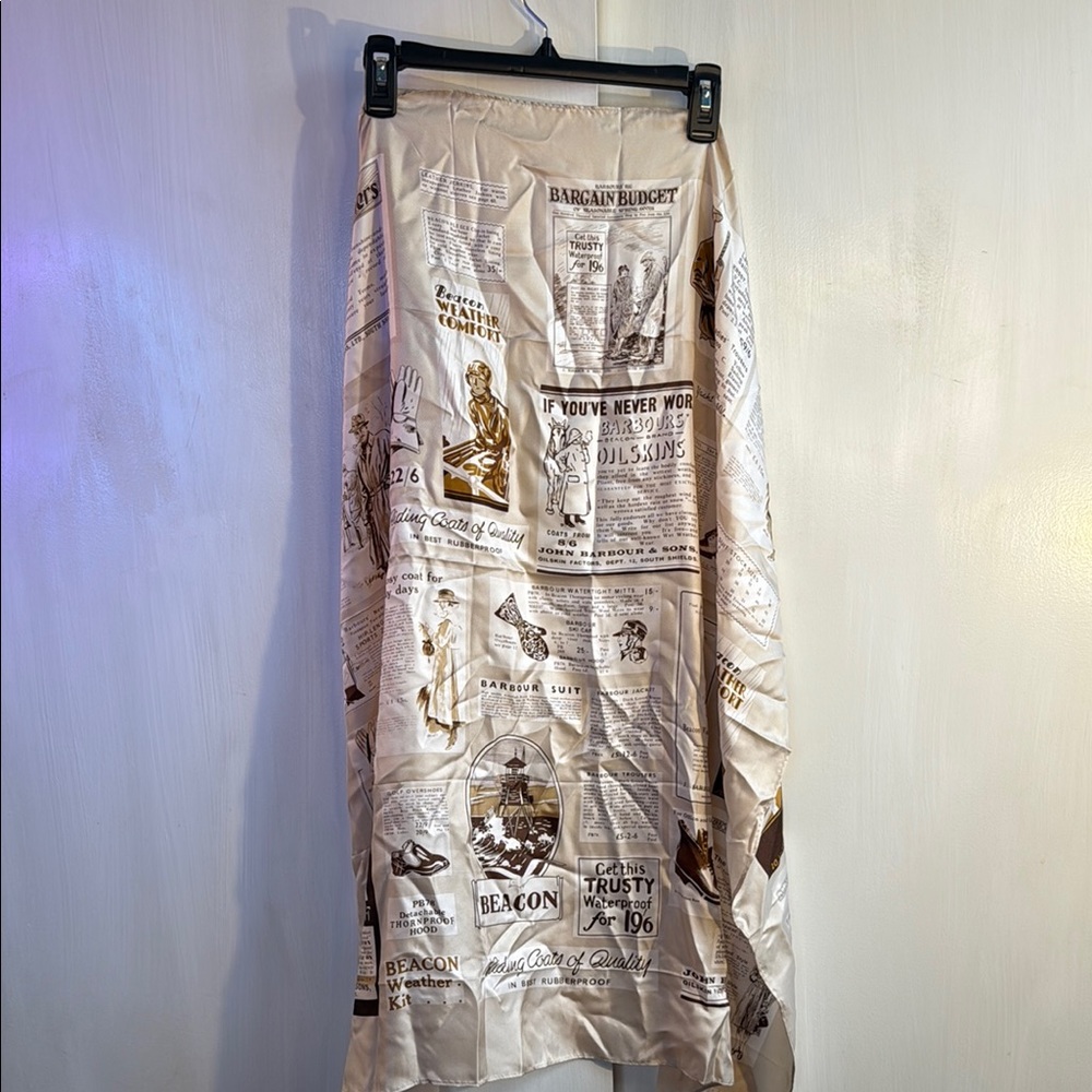 Vintage Style Beige Newspaper Print Silk Scarf